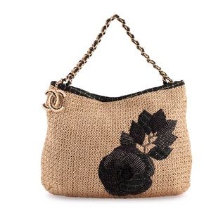 Chanel straw and denim camellia hobo shoulder bag